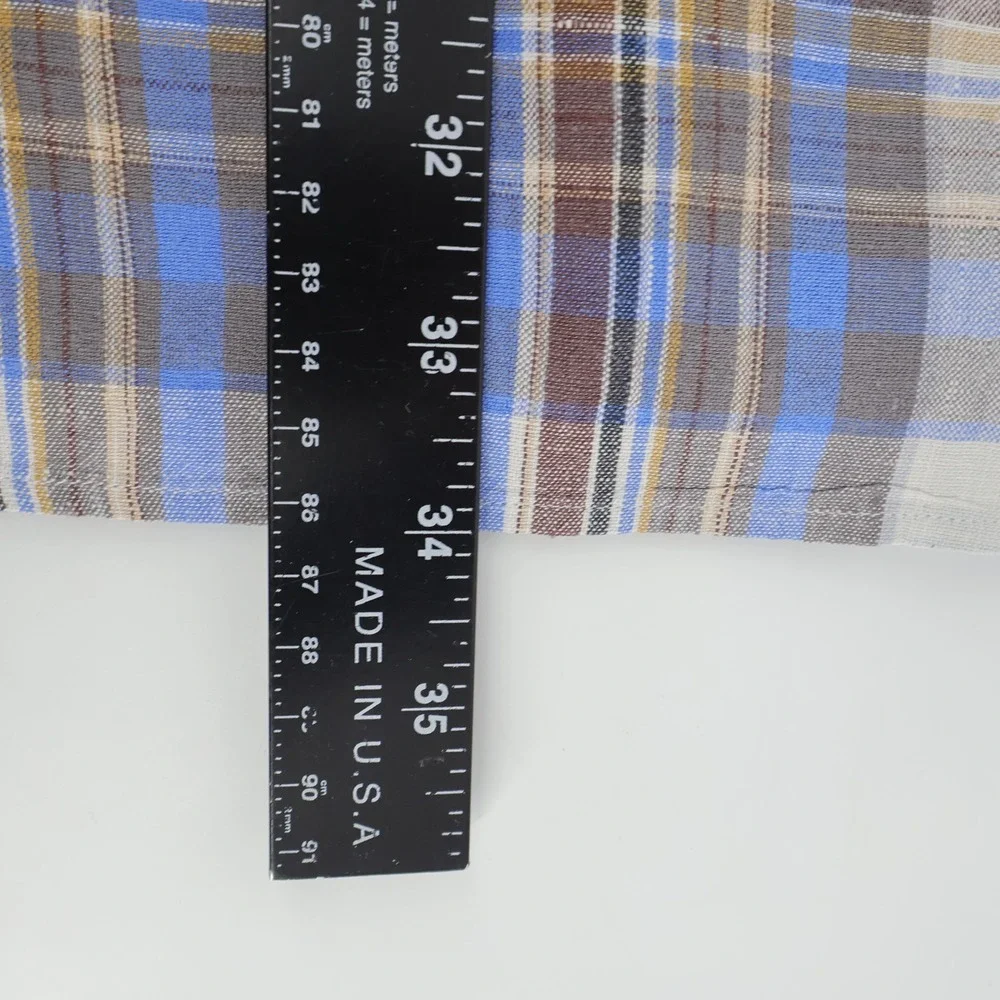 Bullock & Jones 100% Linen‎ Button Up Long Sleeve Shirt Blue Brown Plaid Mens XL